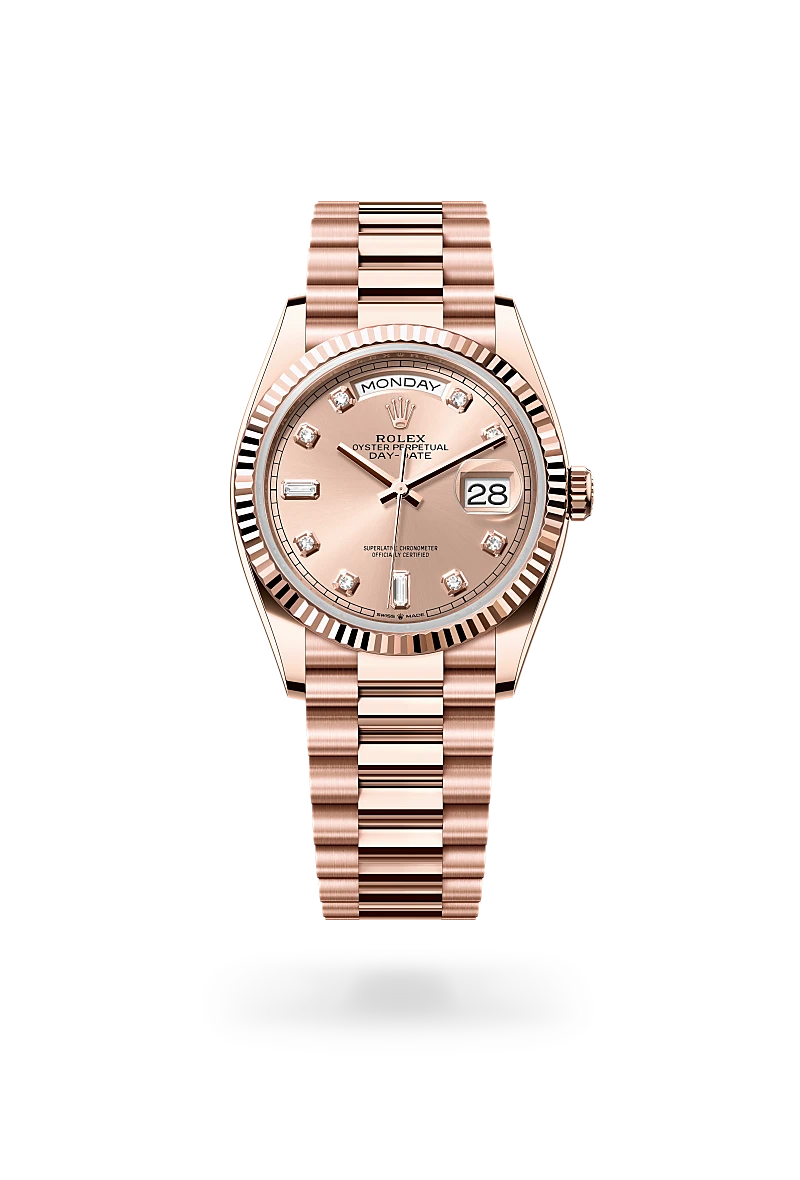Rose gold Rolex Day-Date watch with diamond hour markers, fluted bezel, and President bracelet showing day and date | Brela