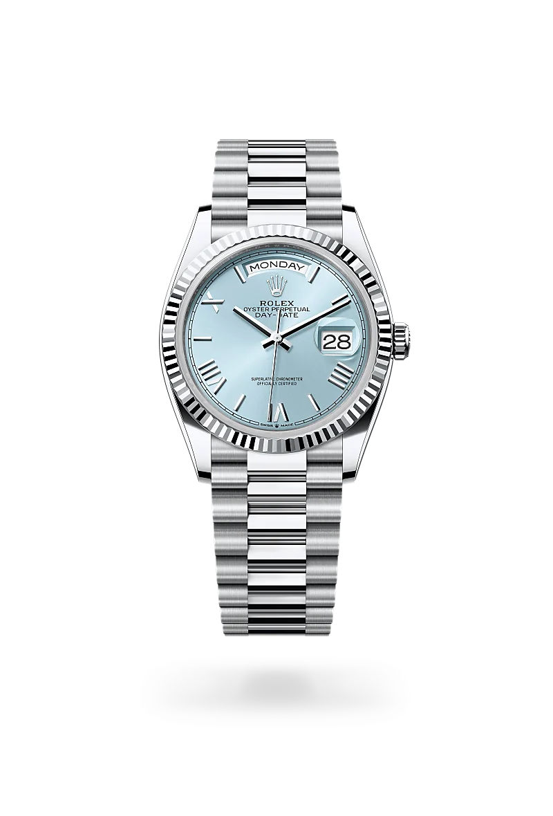 m128236-0018-upright-landscape | Brela Rolex Oyster Perpetual Day-Date watch with light blue dial, fluted bezel, and stainless steel bracelet, showing date 28 at 3 o'clock. | Brela