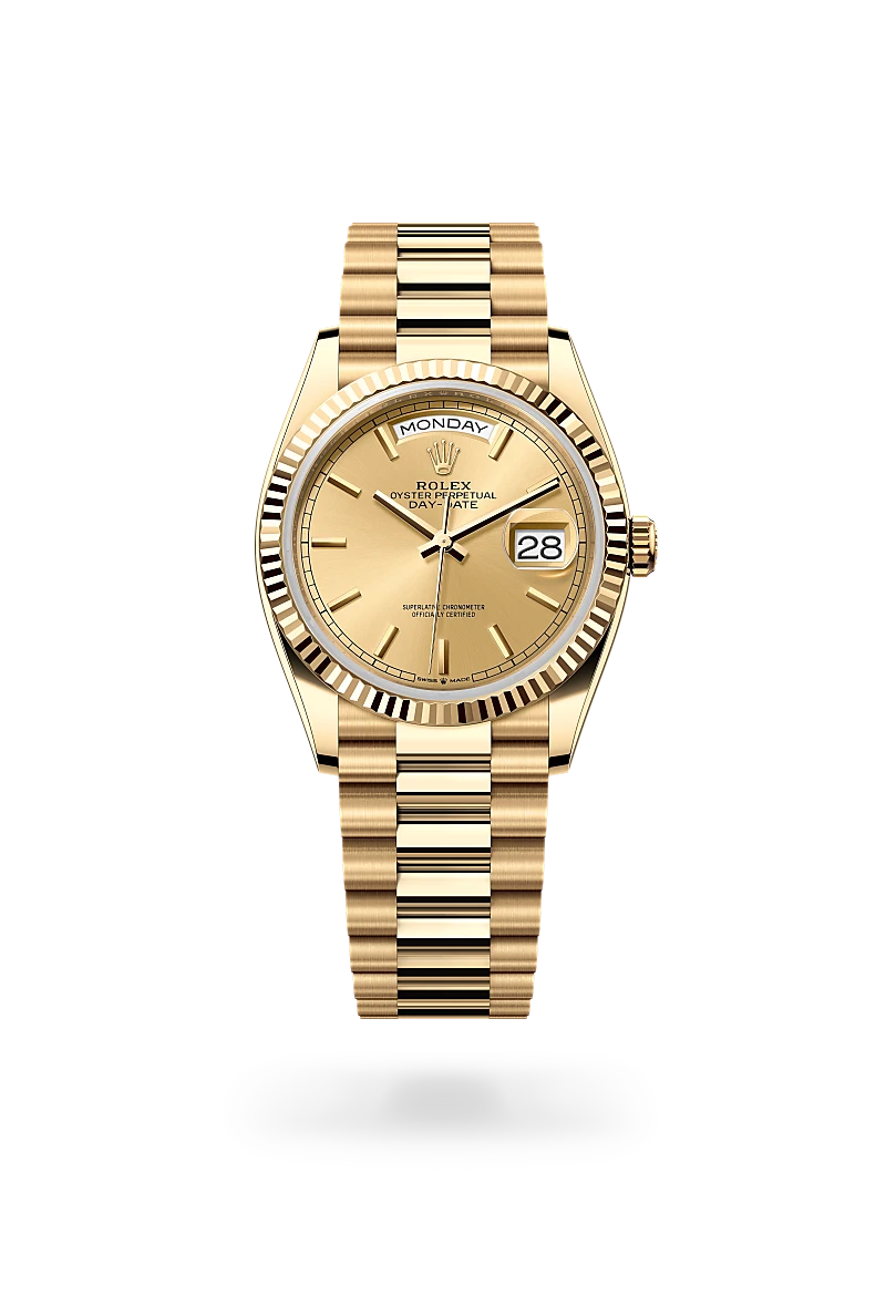 m128238-0045-upright-landscape | Brela Gold Rolex Day-Date watch with fluted bezel and President bracelet displaying Monday and the date 28. | Brela