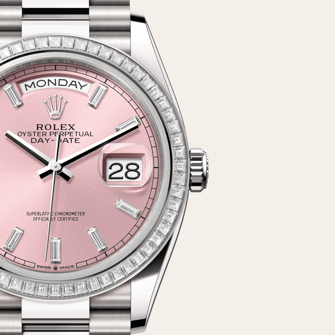 m128399tbr-0029-slide3 | Brela Rose pink Rolex Oyster Perpetual Day-Date watch with diamond bezel and metal bracelet. | Brela