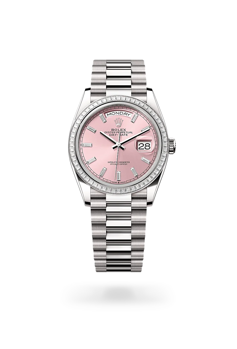 m128399tbr-0029-upright-landscape | Brela Rolex wristwatch with pink dial, diamond bezel, and stainless steel bracelet showing day and date. | Brela