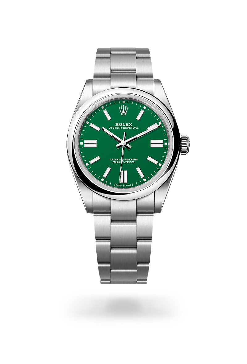 m134300-0004-upright-landscape | Brela Rolex Oyster Perpetual watch with a green dial and stainless steel bracelet on a black background | Brela