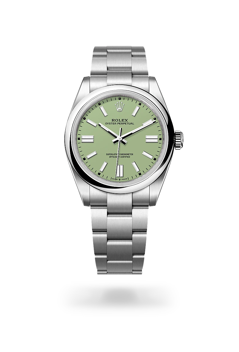 m134300-0006-upright-landscape | Brela Stainless steel Rolex Oyster Perpetual watch with a green dial and silver hour markers. | Brela