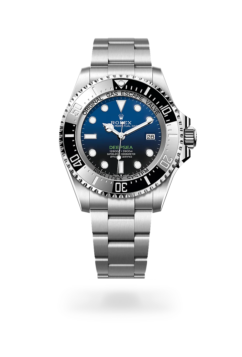 m136660-0005-upright-landscape | Brela Rolex Deepsea stainless steel dive watch with blue gradient dial, date at 3 o'clock, and unidirectional bezel showing gas escape valve text. | Brela