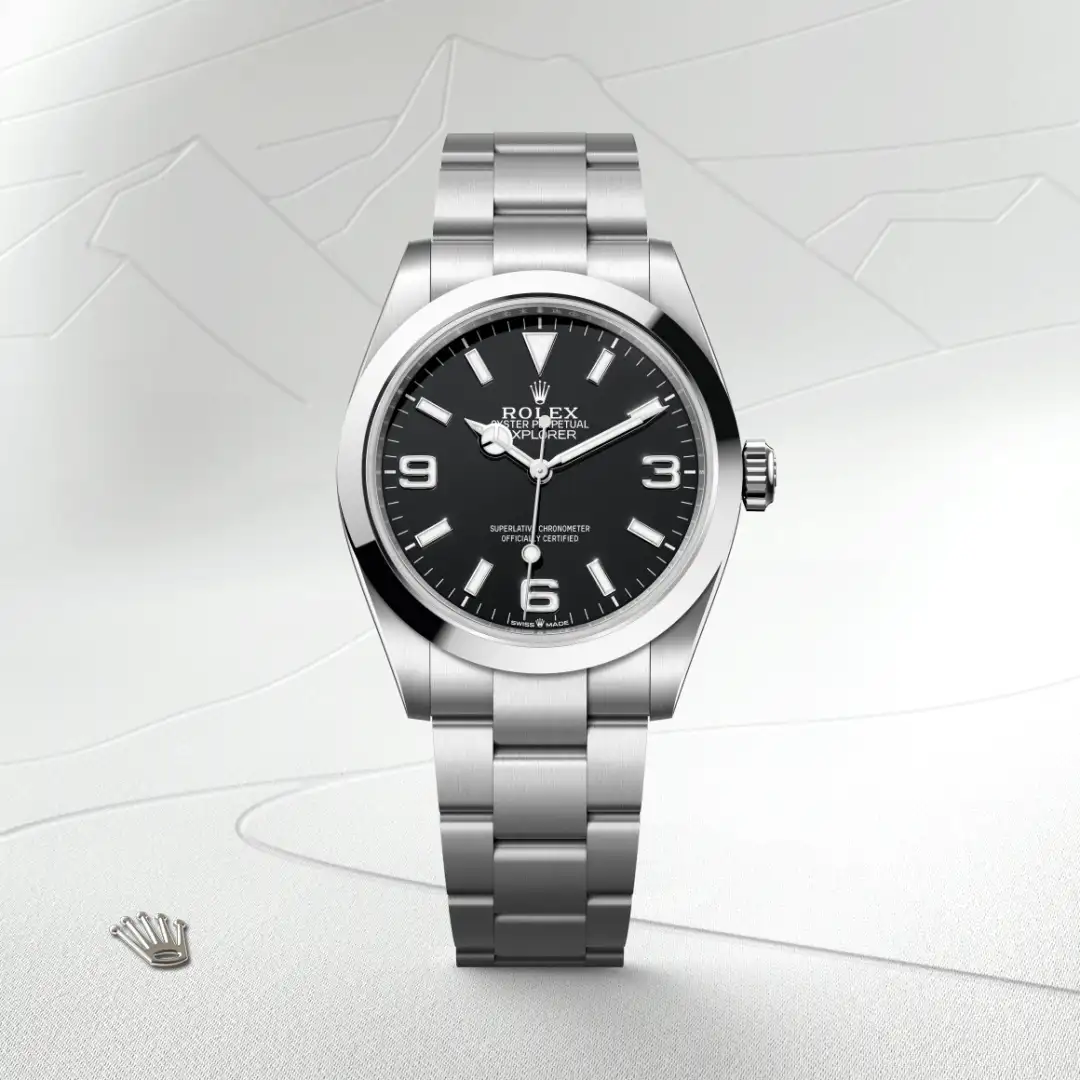 m224270-0001-slide1 | Brela Rolex Explorer stainless steel watch with black dial and luminous hour markers on a light background. | Brela