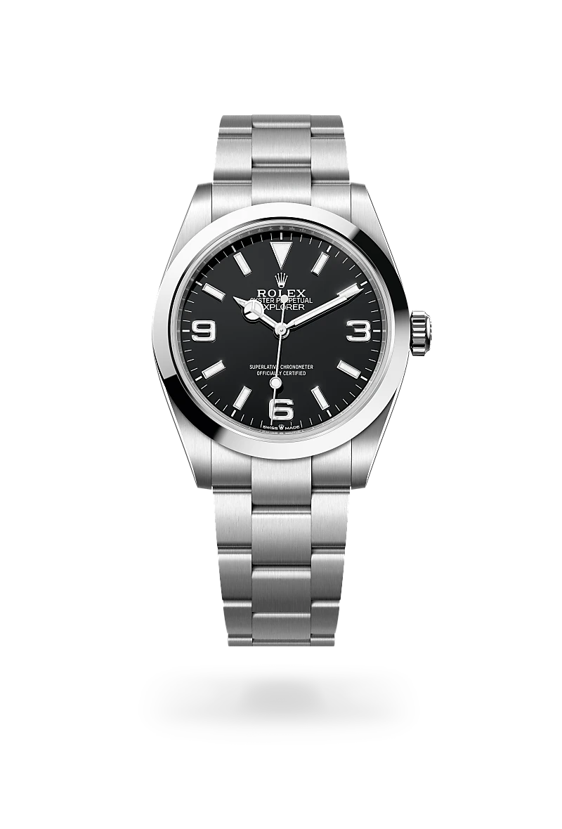 m224270-0001-upright-landscape | Brela Rolex Explorer stainless steel watch with black dial and luminescent hour markers | Brela