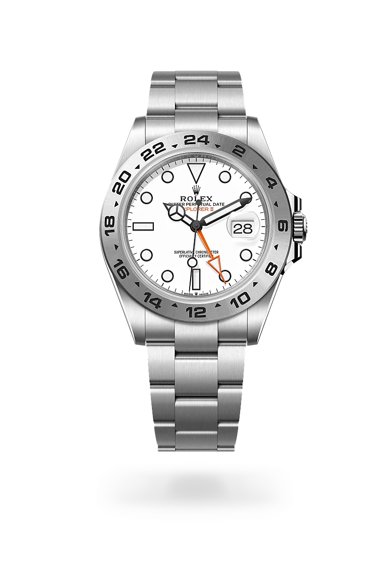 Stainless steel Rolex Explorer II watch with white dial, 24-hour bezel, and date window at 3 o'clock | Brela