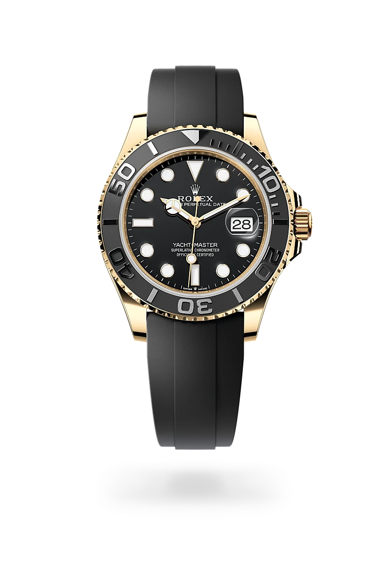 m226658-0001-upright-landscape | Brela Rolex Yacht-Master wristwatch with a black dial, gold case, and black rubber strap featuring a date window. | Brela