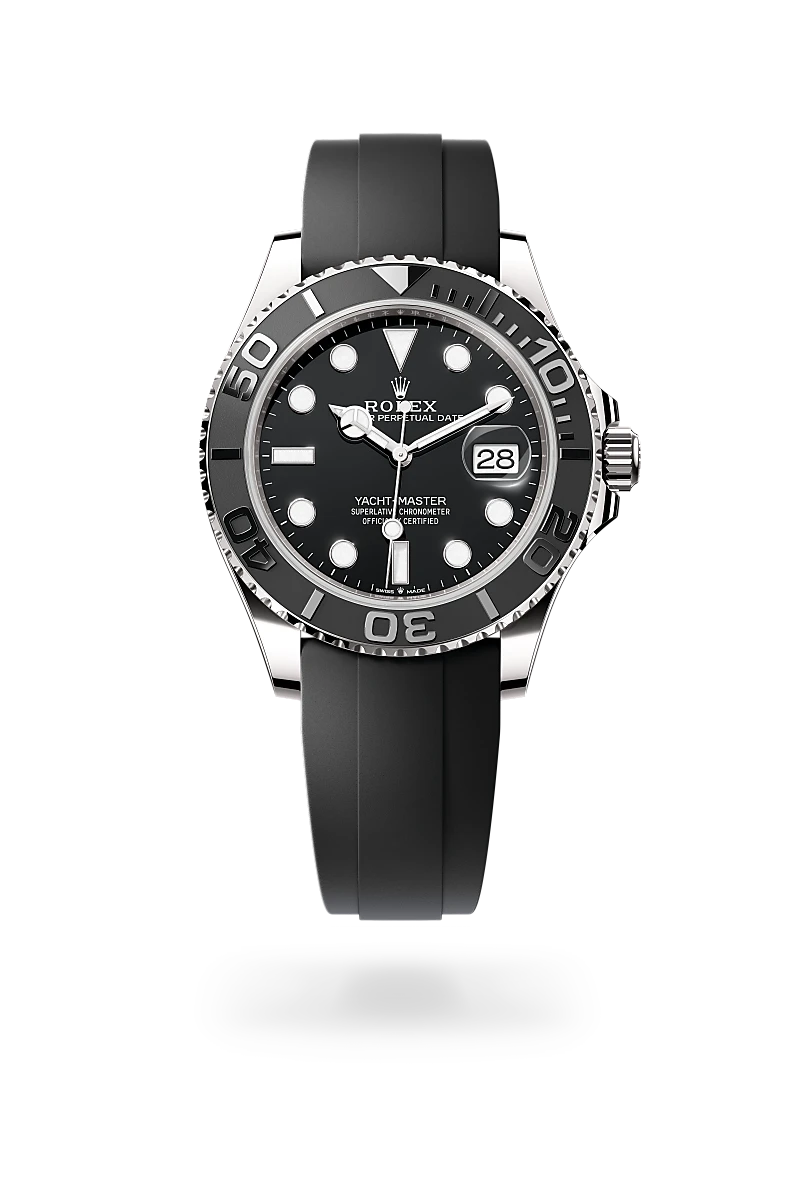 m226659-0002-upright-landscape | Brela Rolex Yacht-Master wristwatch with black dial, rotating bezel, and black rubber strap showing date '28'. | Brela