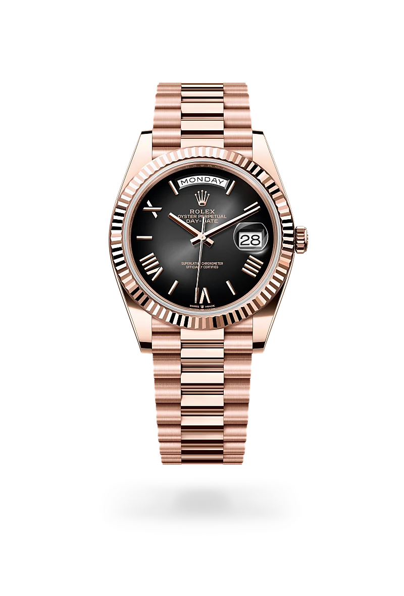 m228235-0055-upright-landscape | Brela Rose gold Rolex Day-Date wristwatch with black dial, day at top, date at 3, and a polished linked bracelet on a black background | Brela