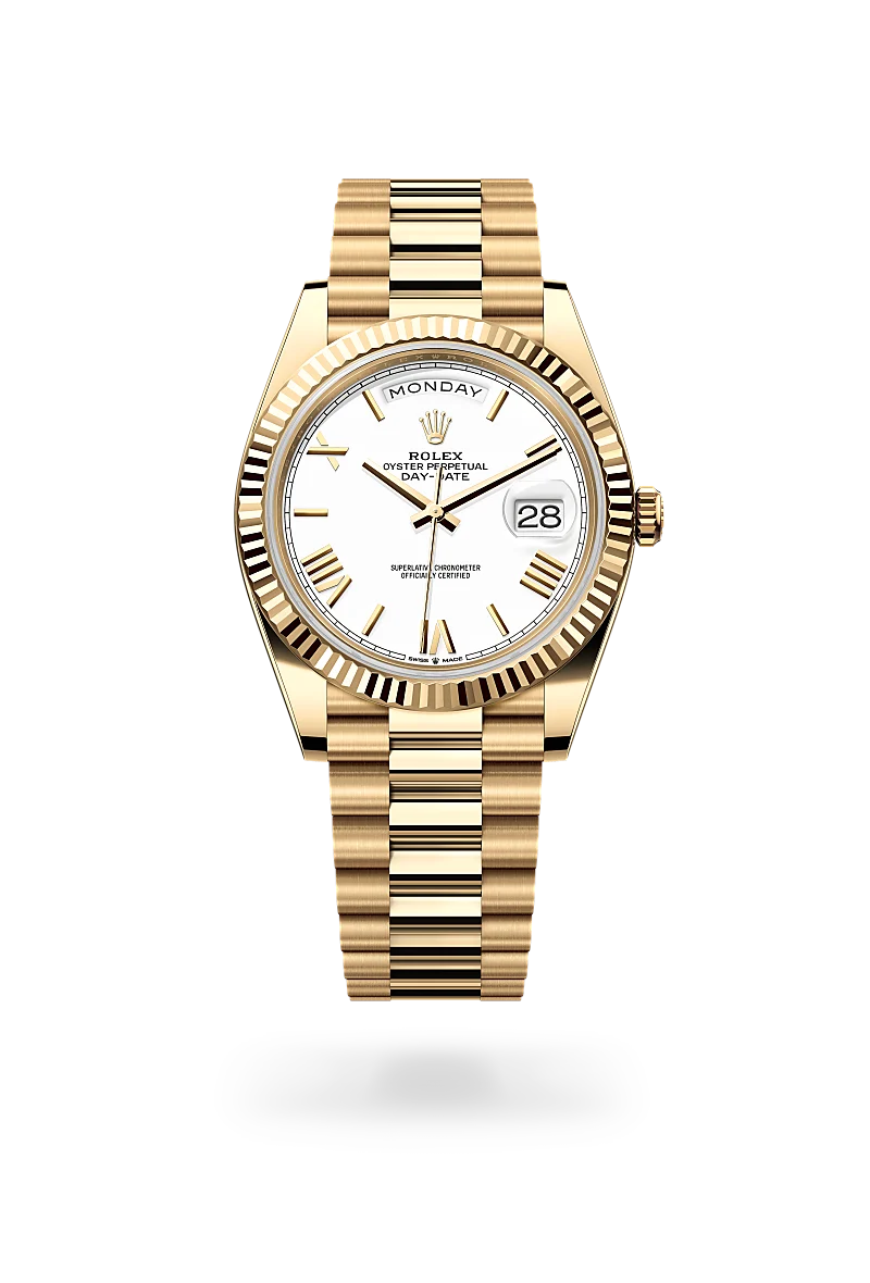 m228238-0042-upright-landscape | Brela Gold Rolex Day-Date wristwatch with white dial and day/date windows, polished bezel, and 18k gold bracelet | Brela