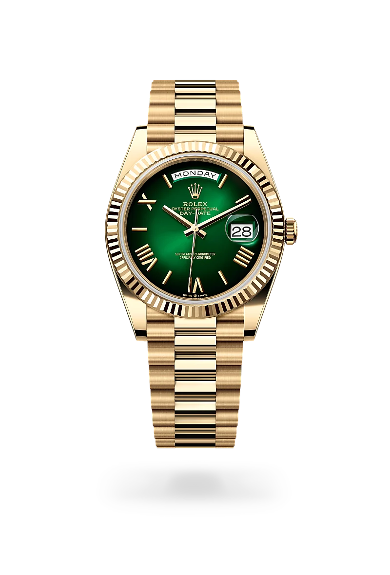 m228238-0069-upright-landscape | Brela Gold Rolex Day-Date wristwatch with a green dial, day window showing MONDAY, and date 28 on a gold bracelet | Brela
