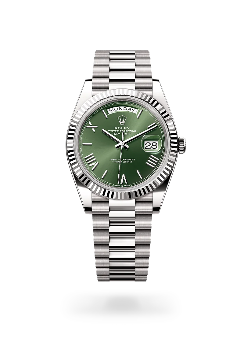 m228239-0033-upright-landscape | Brela Rolex Day-Date wristwatch with a green dial, stainless steel bracelet, fluted bezel, showing Monday and the date 28 in the magnified window | Brela