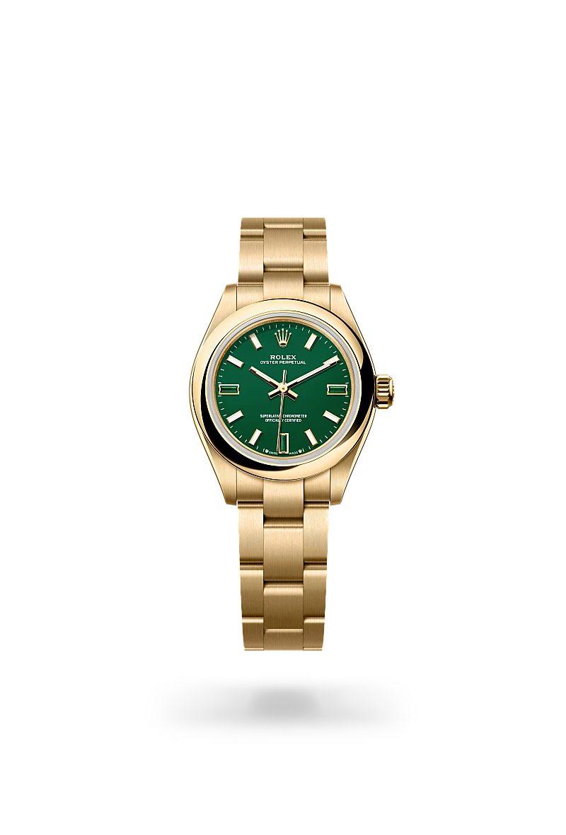 m276208-0002-upright-landscape | Brela Gold Rolex Oyster Perpetual wristwatch with a green dial and gold bracelet on a black background. | Brela