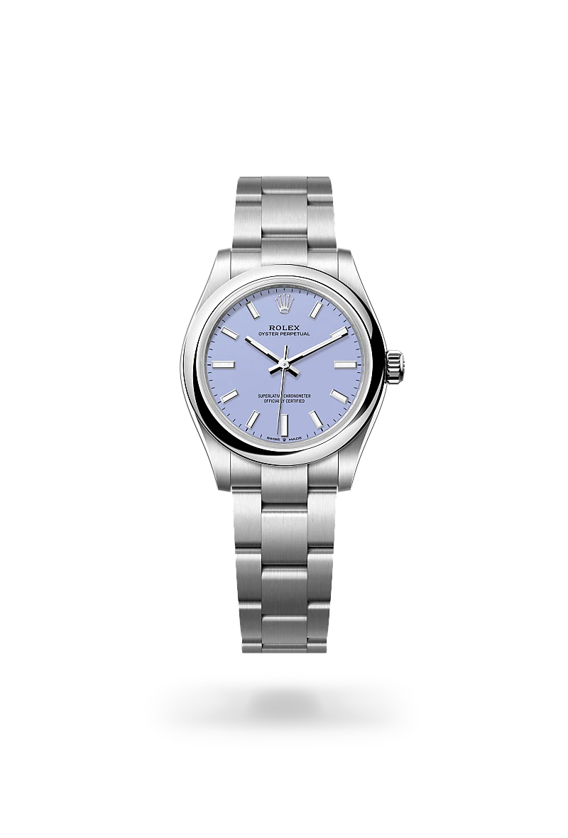 m277200-0014-upright-landscape | Brela Rolex Oyster Perpetual wristwatch with a light blue dial and stainless steel bracelet. | Brela