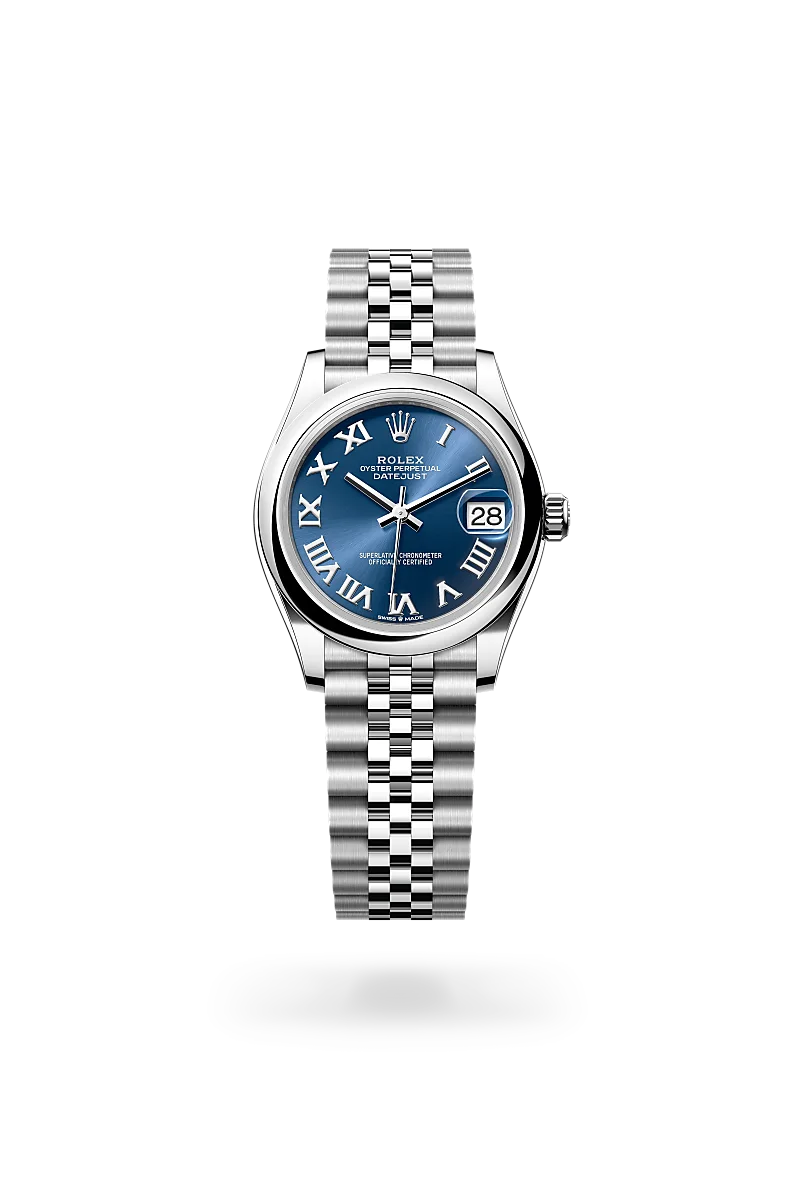 Rolex Oyster Perpetual Datejust wristwatch with a blue dial, Roman numerals, and a stainless steel Jubilee bracelet showing the date at 3 o'clock | Brela