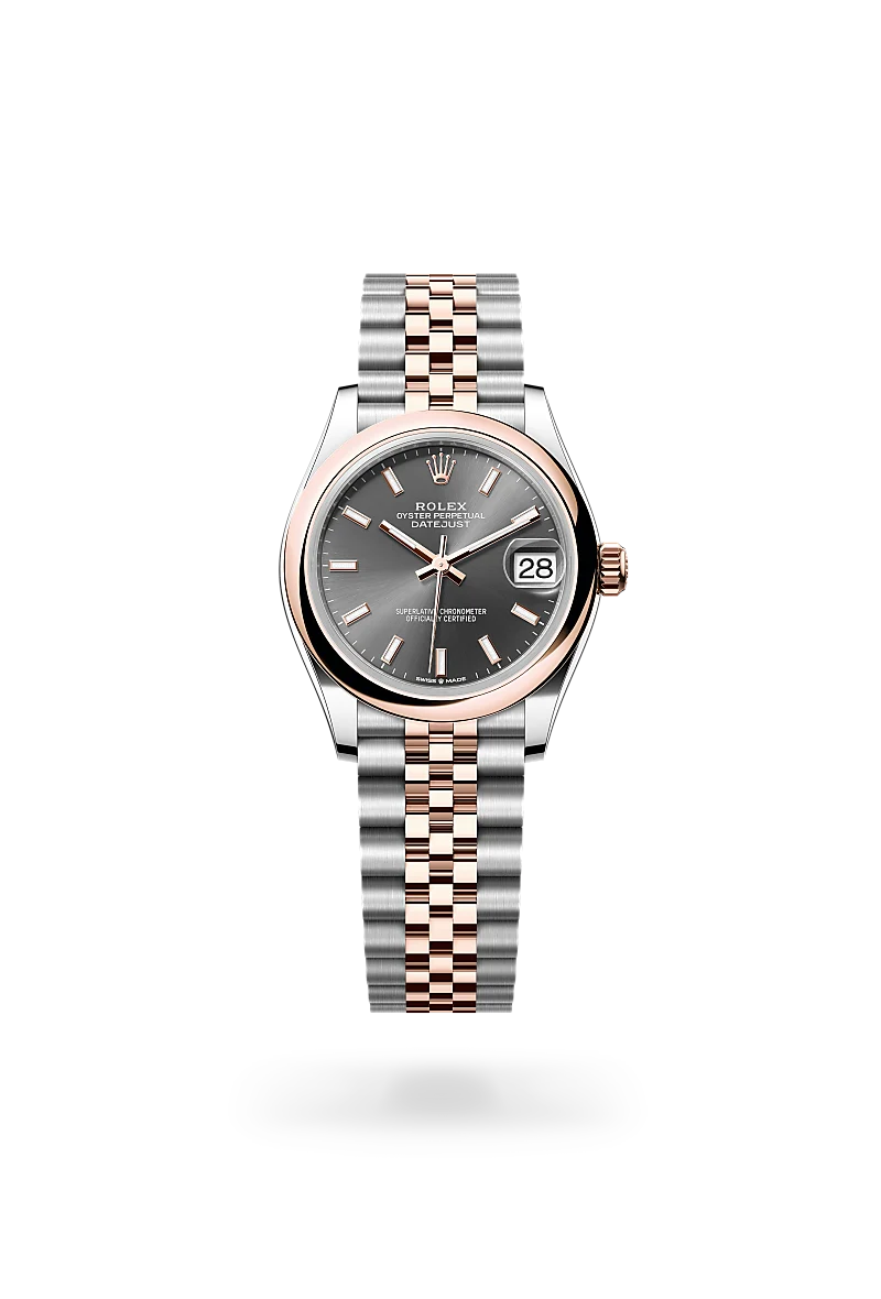 m278241-0018-upright-landscape | Brela Two-tone Rolex Datejust wristwatch with grey dial and date window, rose gold bezel and brushed steel bracelet on black background | Brela