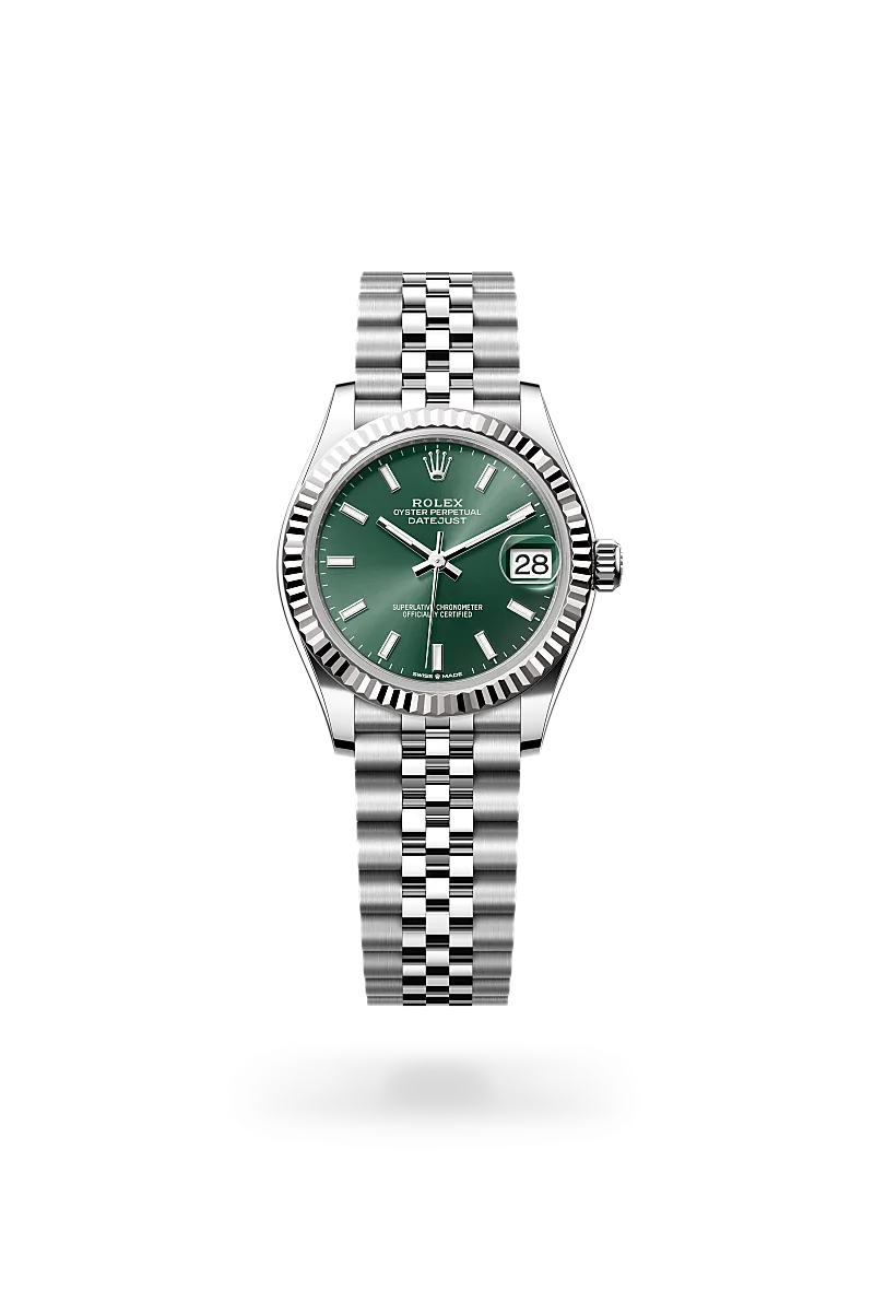 Rolex Oyster Perpetual Datejust watch with green dial, fluted bezel, and stainless steel Jubilee bracelet. | Brela