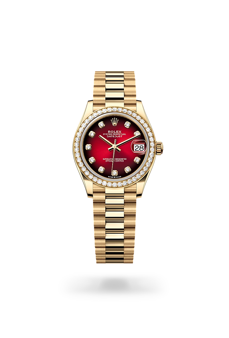 m278288rbr-0041-upright-landscape | Brela Gold Rolex Oyster Perpetual Datejust watch with diamond bezel and red dial, date window showing 28. | Brela