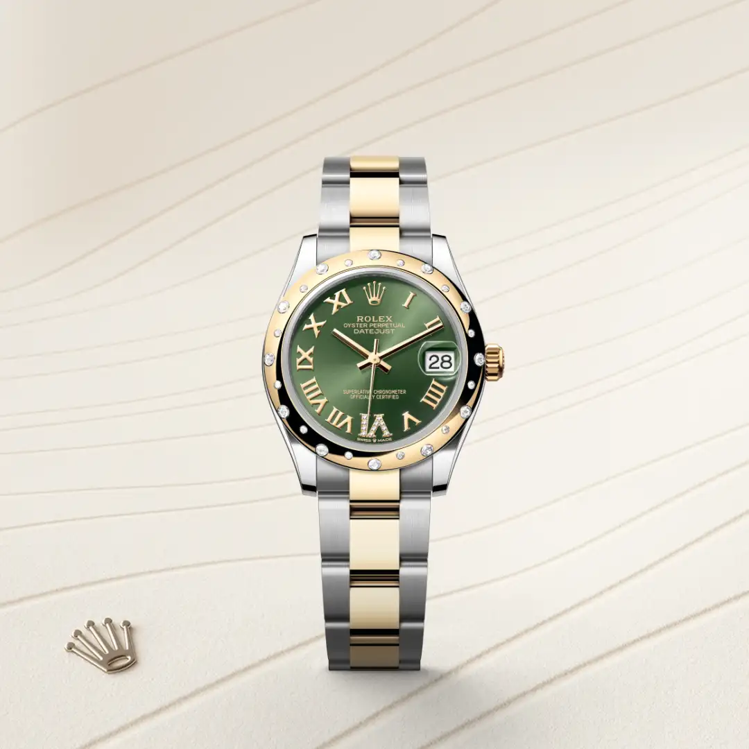 Two-tone Rolex Datejust on a pale background: green dial, diamond bezel, gold-and-silver bracelet, date window at 3 o'clock; Rolex crown symbol nearby. | Brela