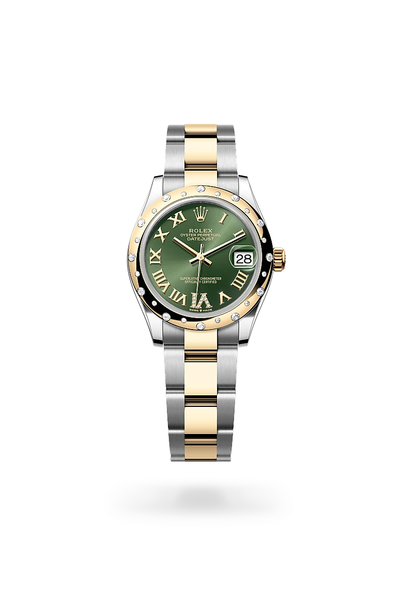 Two-tone Rolex Datejust watch with green dial and diamond bezel, gold and silver bracelet, date window at 3 o'clock area | Brela