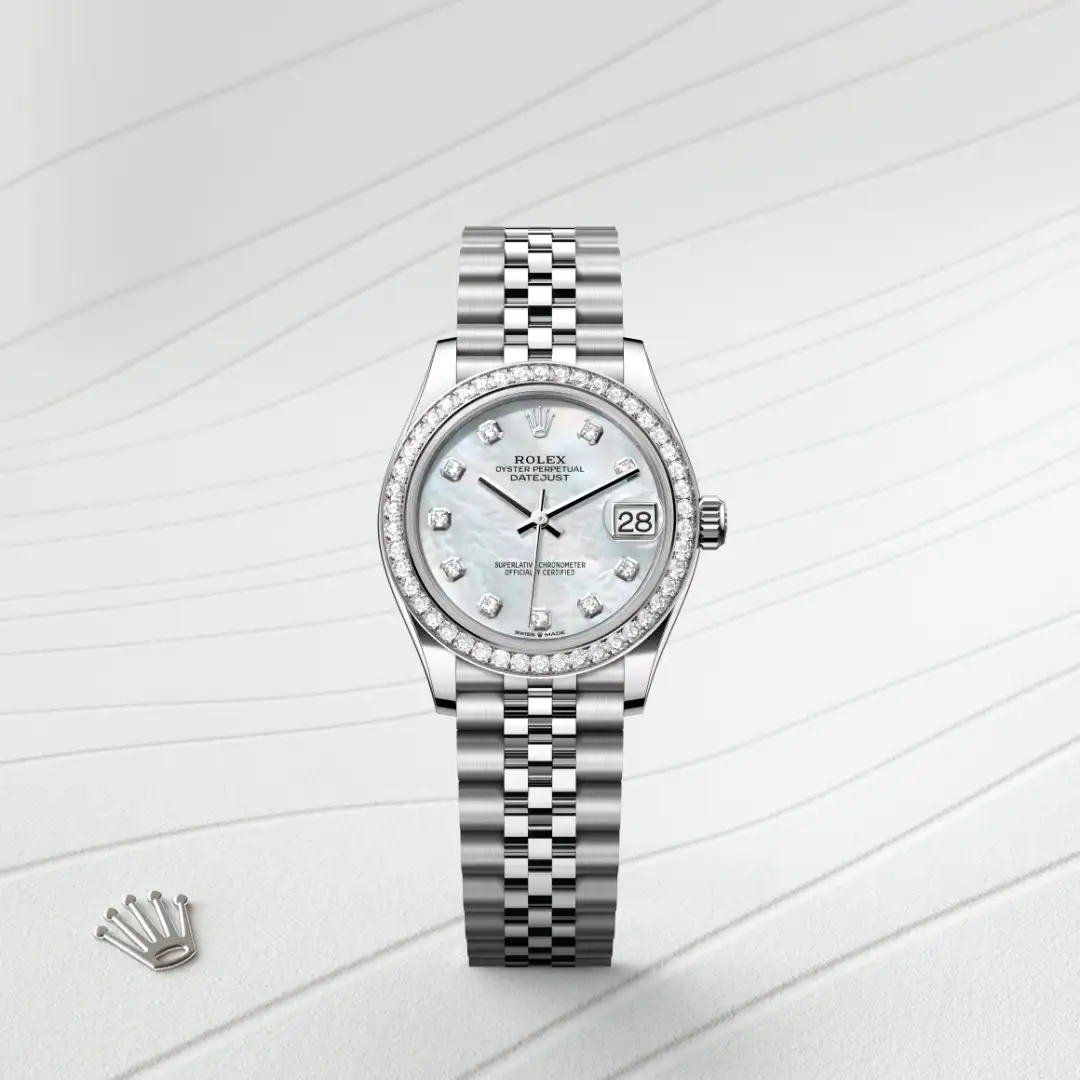 Rolex Datejust in stainless steel with diamond bezel, mother-of-pearl dial, diamond hour markers, and Jubilee bracelet on a light background. | Brela