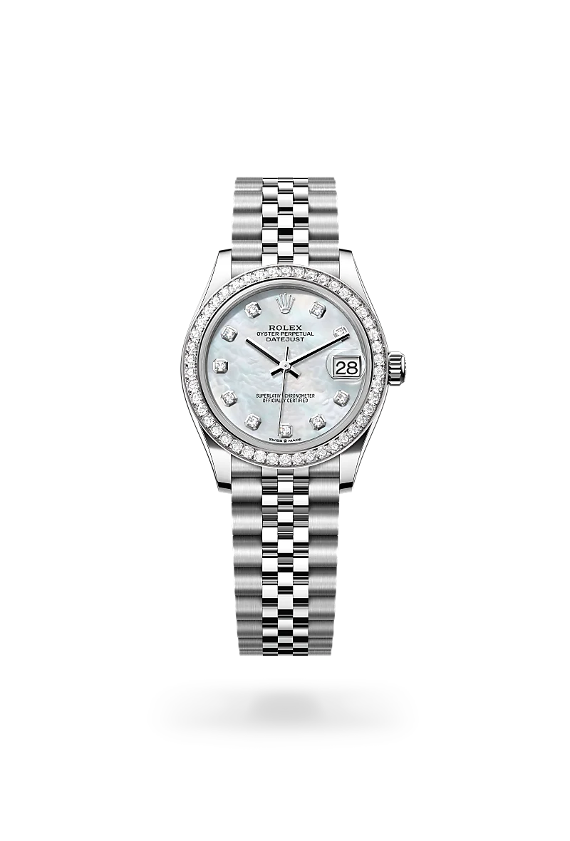 m278384rbr-0008-upright-landscape | Brela Rolex Datejust in silver with diamond bezel and diamond hour markers on a mother-of-pearl dial, stainless Jubilee bracelet signed Rolex. | Brela