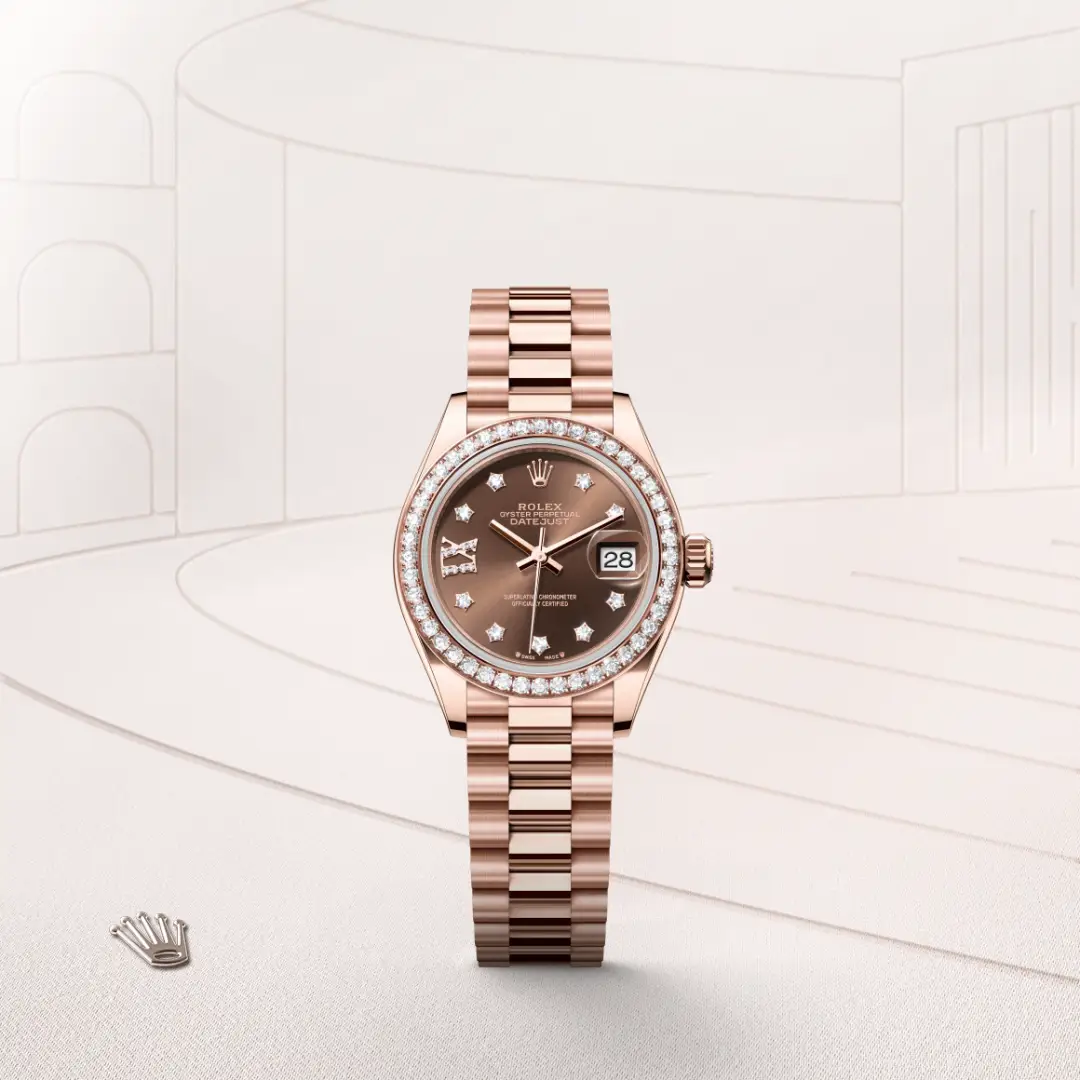 m279135rbr-0001-slide1 | Brela Rose gold Rolex Datejust with diamond bezel and dial, bracelet, and date window at 3 o'clock. | Brela