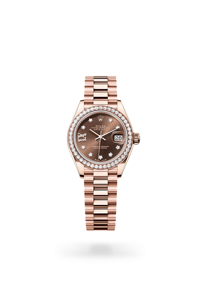 m279135rbr-0001-upright-landscape | Brela Rose gold Rolex Datejust watch with diamond-encrusted bezel and bracelet, brown dial showing date window at 3 o'clock | Brela