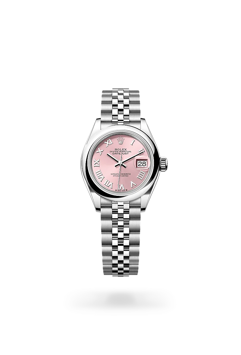 m279160-0013-upright-landscape | Brela Rolex Datejust wristwatch with pink dial, Roman numerals, and a silver stainless steel bracelet | Brela