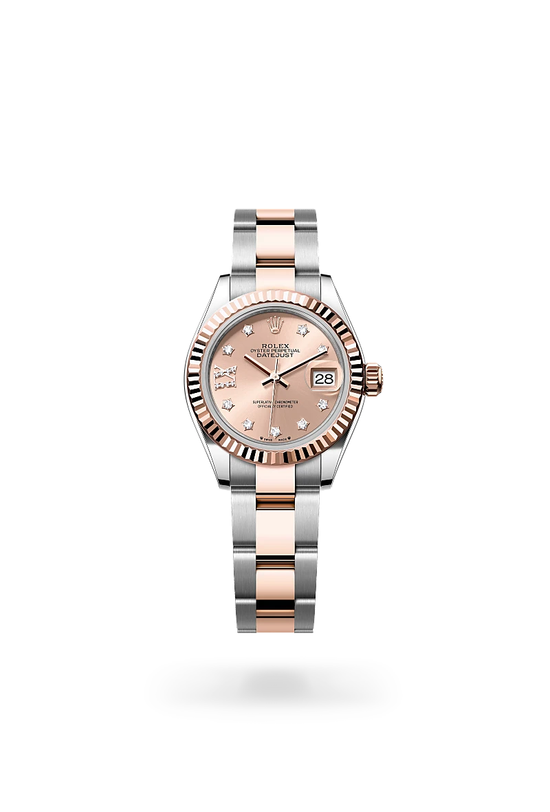 m279171-0028-upright-landscape | Brela Two-tone Rolex Datejust wristwatch with rose gold dial, diamond hour markers, and a date window at 3 o'clock; stainless steel and rose gold bracelet. | Brela