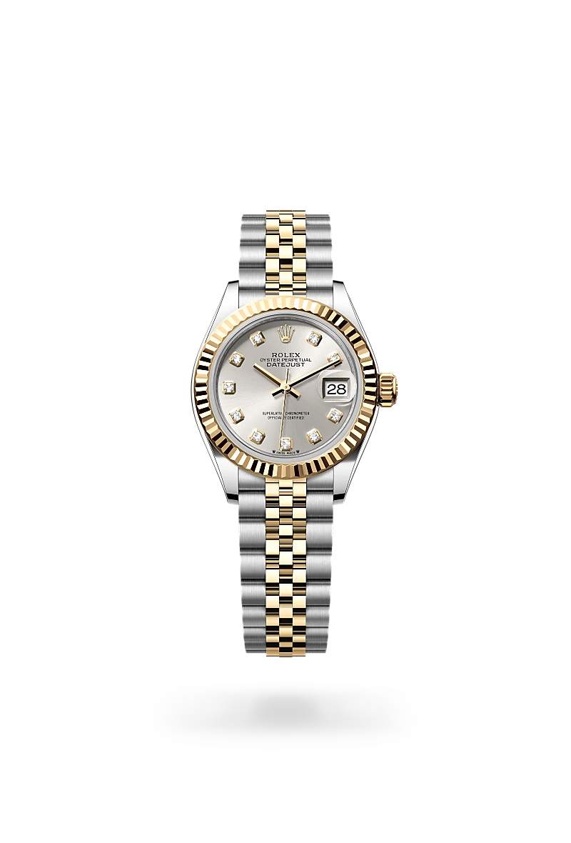 m279173-0007-upright-landscape | Brela Two-tone Rolex Datejust wristwatch with gold and stainless steel bracelet, diamond hour markers, and date window. | Brela