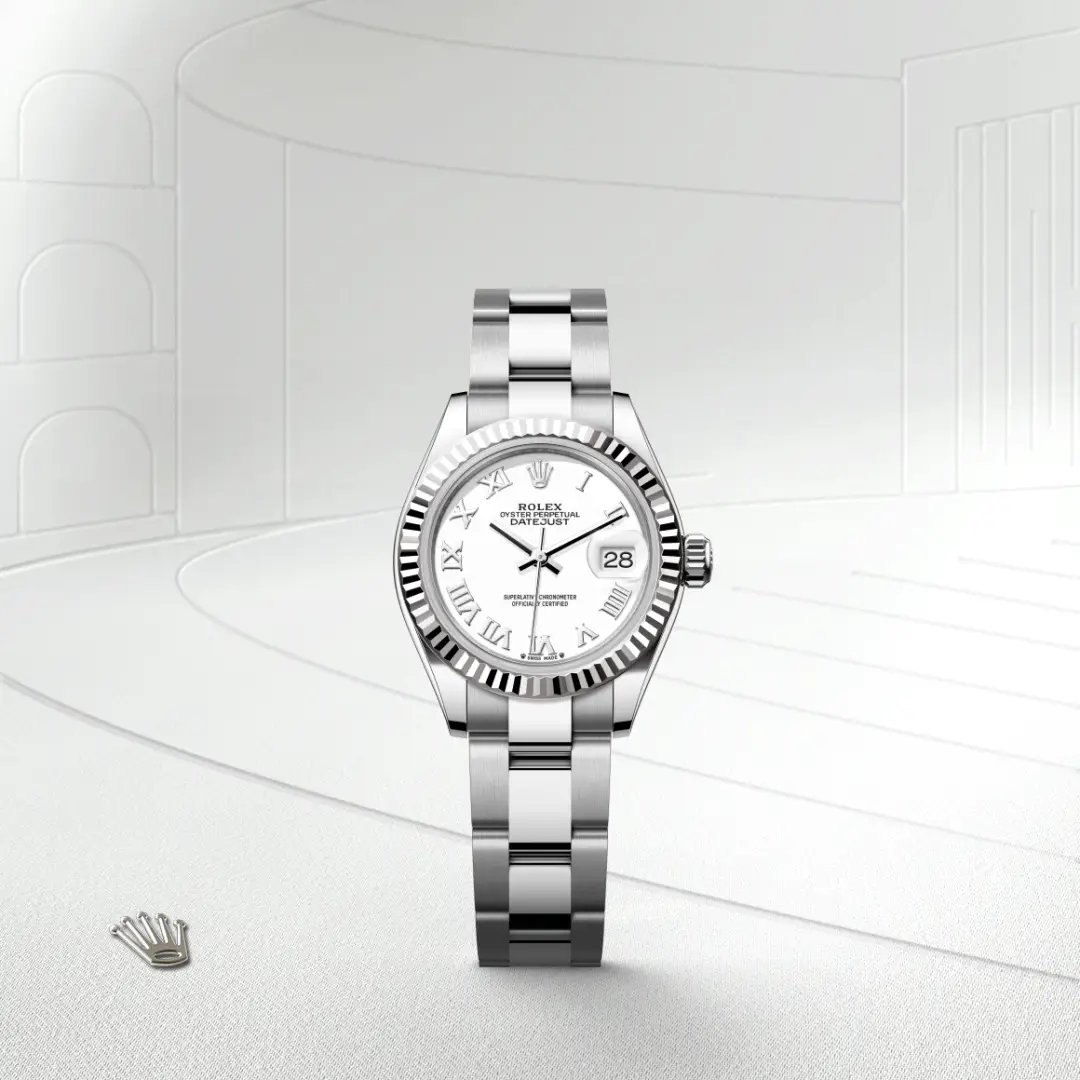 Rolex Oyster Perpetual Datejust silver watch with a white dial and Roman numerals, date window at 3 o'clock, metal bracelet | Brela