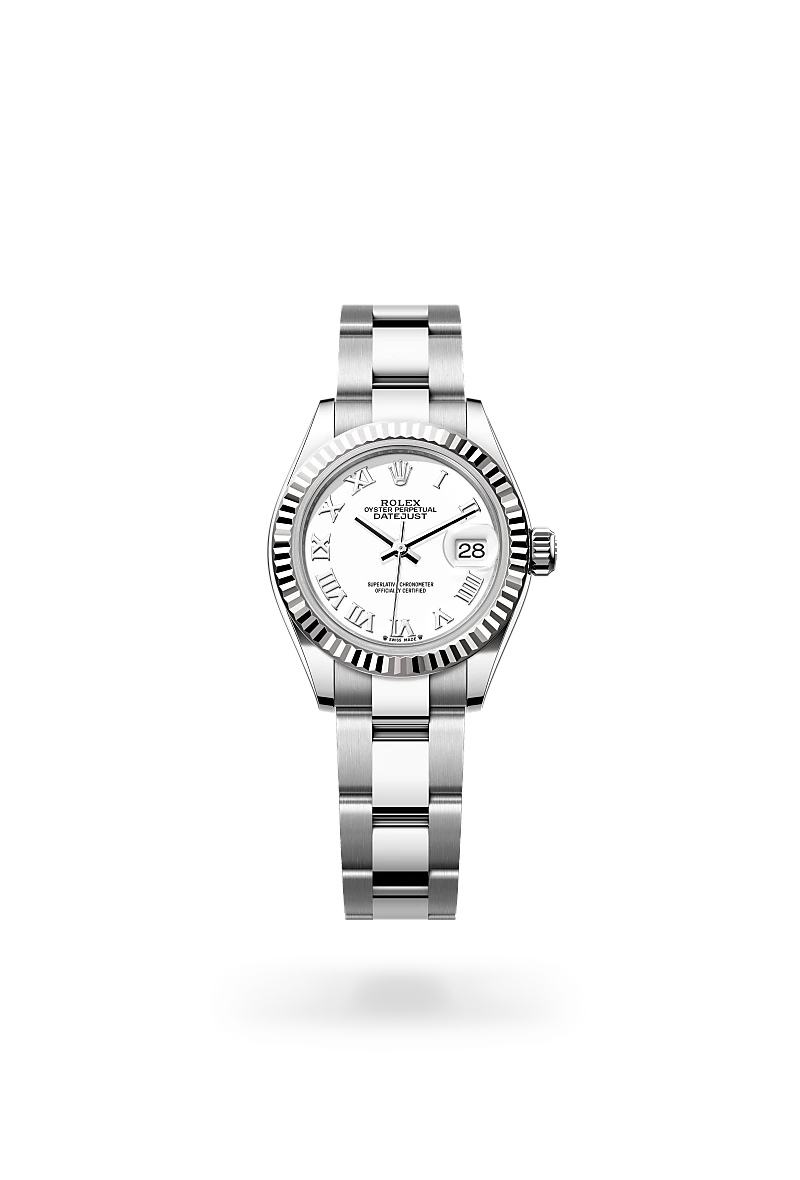 m279174-0020-upright-landscape | Brela Rolex Datejust watch with white dial, Roman numerals, fluted bezel, and silver Jubilee bracelet on a black background | Brela