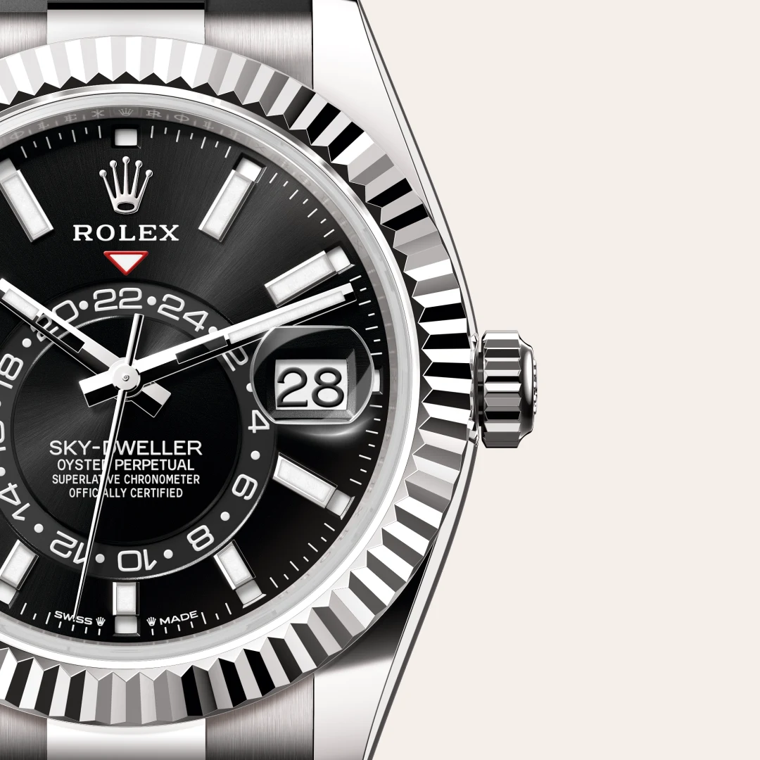 m336239-0002-slide3 | Brela Close-up of a Rolex Sky-Dweller watch dial with fluted bezel and date window showing 28 | Brela