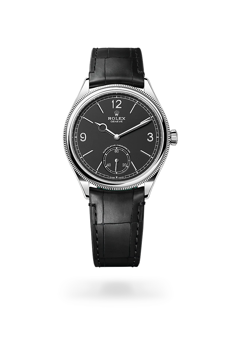 m52509-0002-upright-landscape | Brela Rolex Genève wristwatch with a black dial, silver numerals, and a black leather strap. | Brela