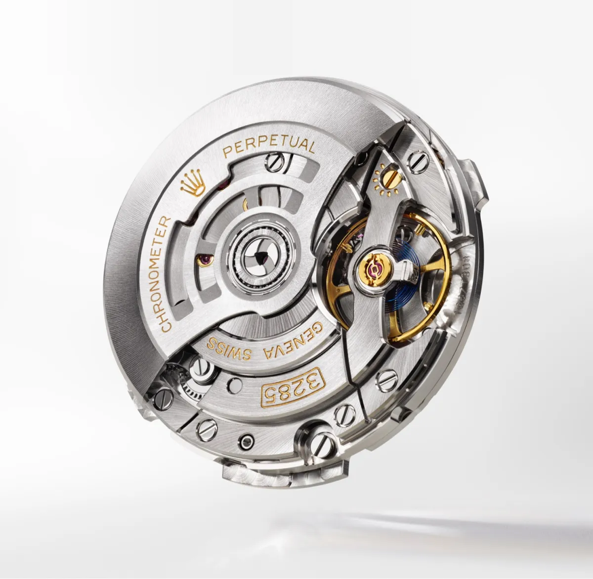 Close-up of a mechanical watch movement with rotor, balance wheel, and gold accents showing 'CHRONOMETER' engraving on metal parts