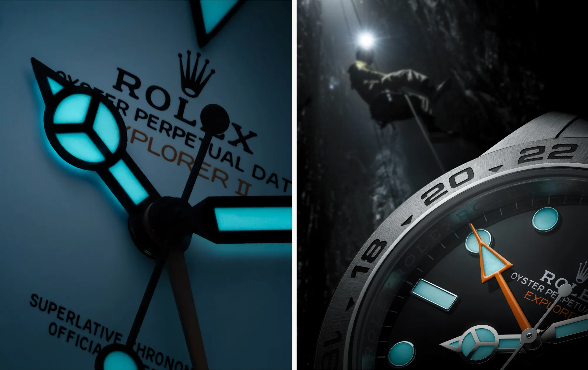 Left panel shows a close-up of a Rolex logo and blue-illuminated watch hands on a wall sign; crown logo visible. Numerical and text elements hint at a timepiece branding context.