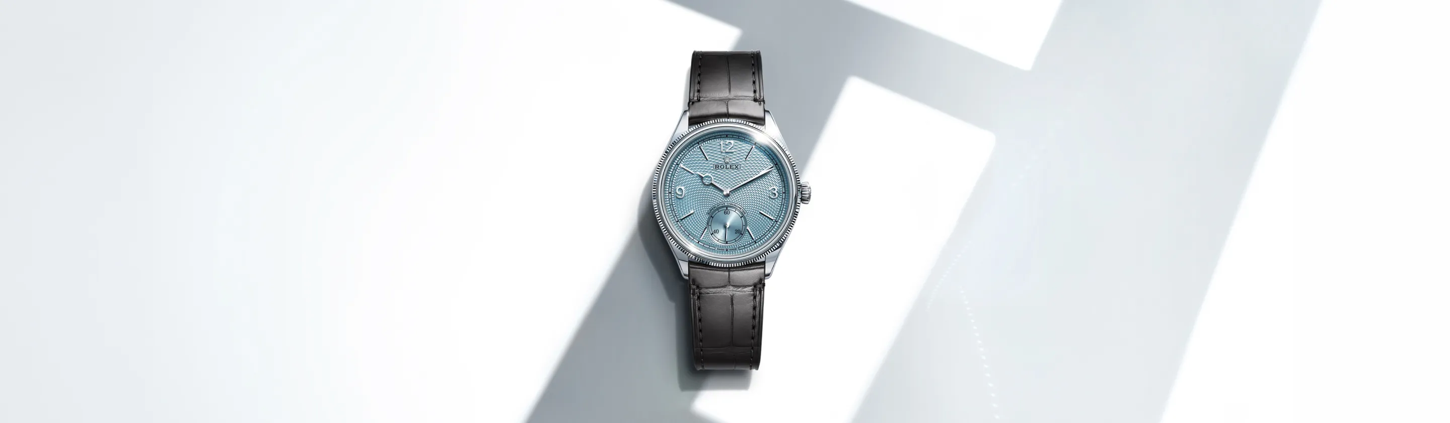 rolex-perpetual-1908-cover-m52506-0003-landscape Silver wristwatch with a light blue textured dial and black leather strap on a white surface.