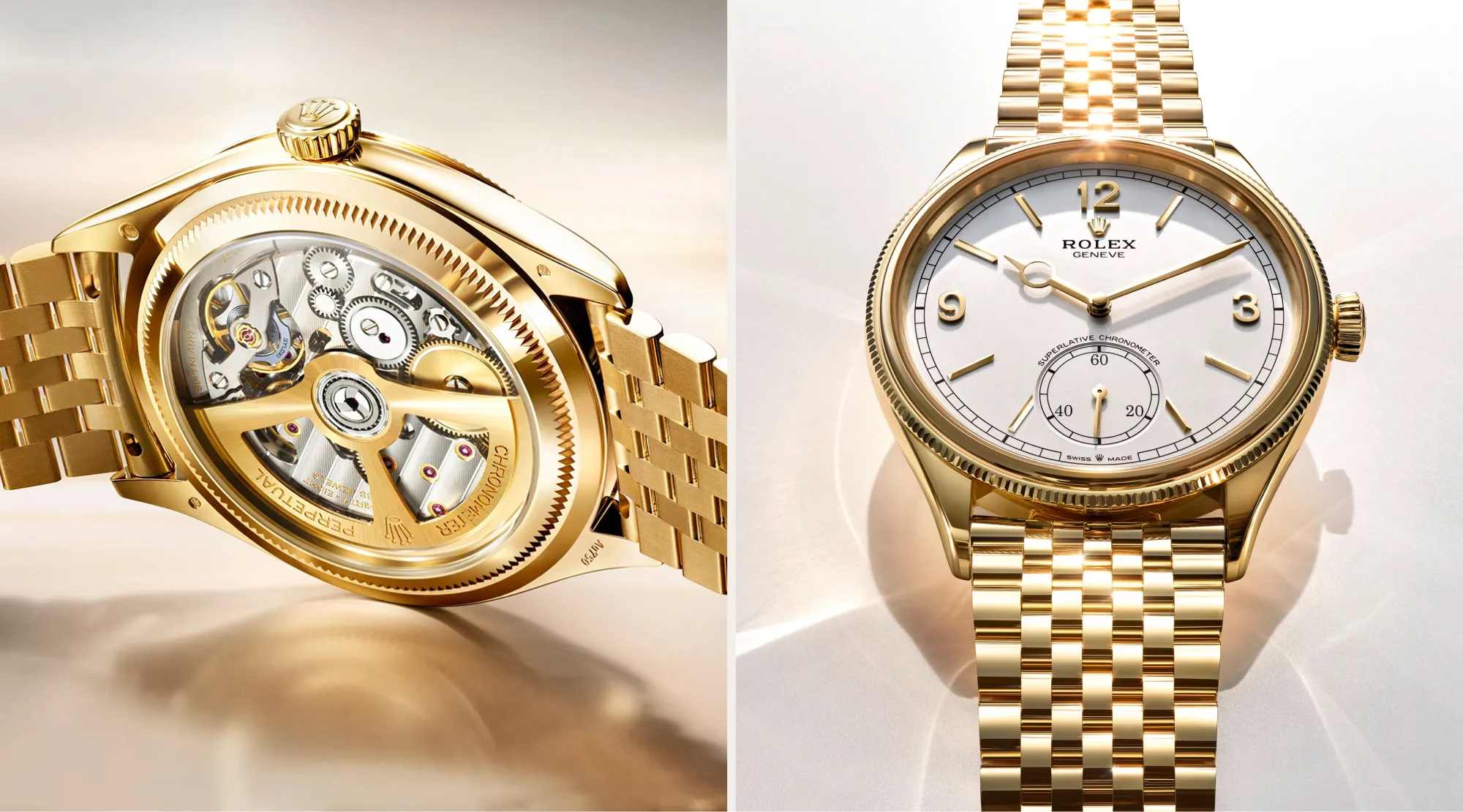 rolex-perpetual-1908-m52508-0008-classic-style-landscape Two gold Rolex watches side by side, left with an open caseback revealing gears, right with a white dial and gold markers.