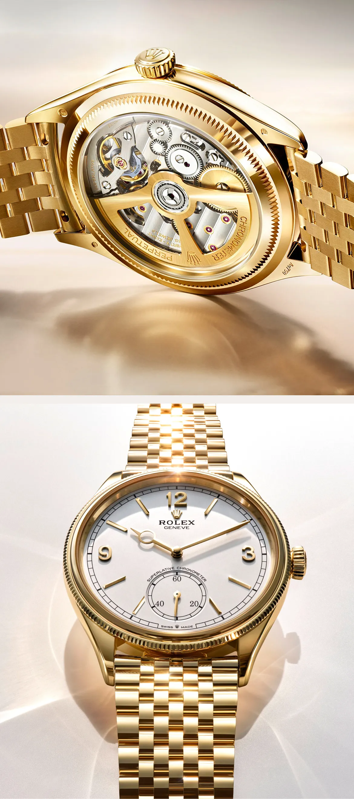 rolex-perpetual-1908-m52508-0008-classic-style-portrait Two-panel image of a gold Rolex: top shows the watch's intricate exposed movement, bottom shows a white dial with gold indices and hands against a gold bracelet