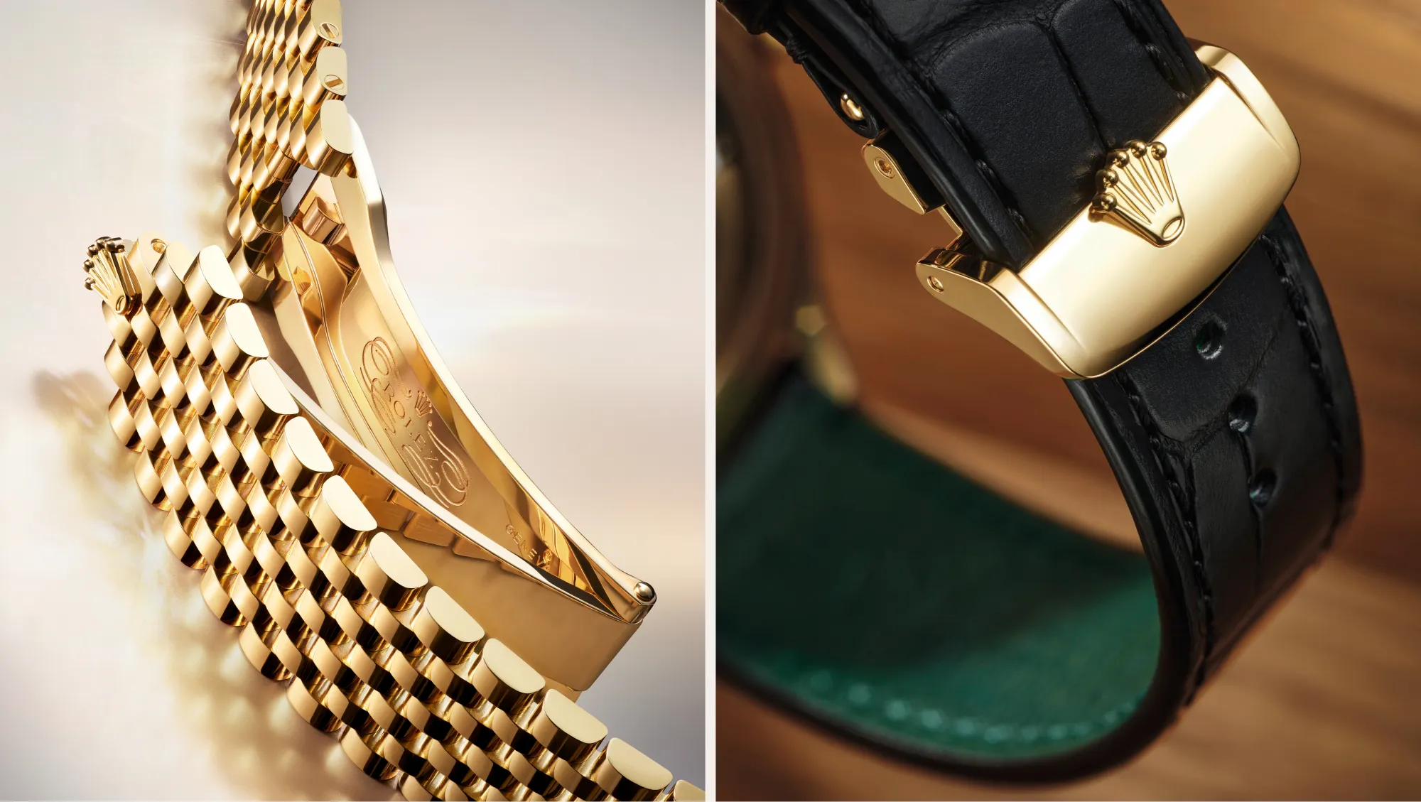 rolex-perpetual-1908-m52508-0008_2412uf_002_c-m52508-0002_2302uf_002-landscape Close-up of a gold Rolex bracelet with a matching gold clasp, paired with a black leather strap featuring a gold crown clasp on the right panel.