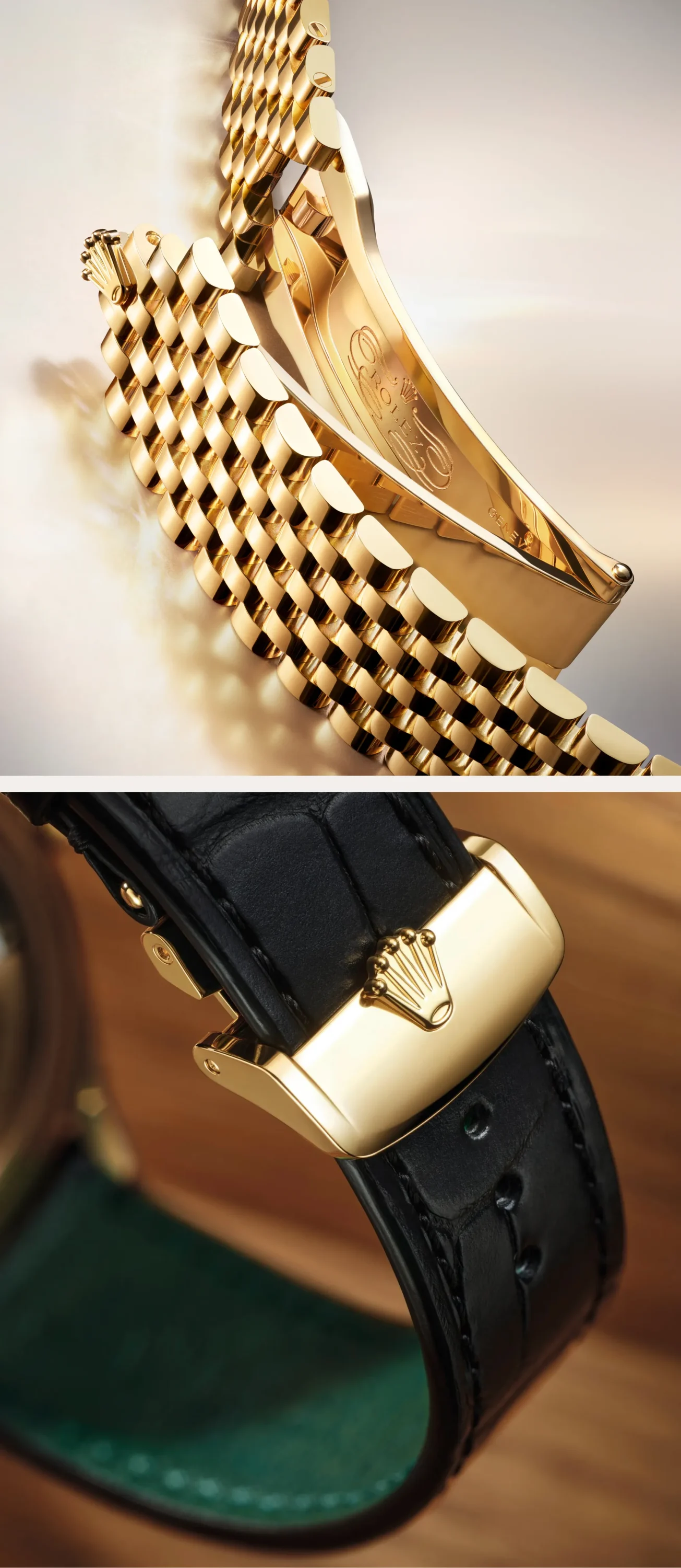 rolex-perpetual-1908-m52508-0008_2412uf_002_c-m52508-0002_2302uf_002-portrait Close-up of a gold Rolex watch: polished bracelet and a black leather strap with the crown clasp.