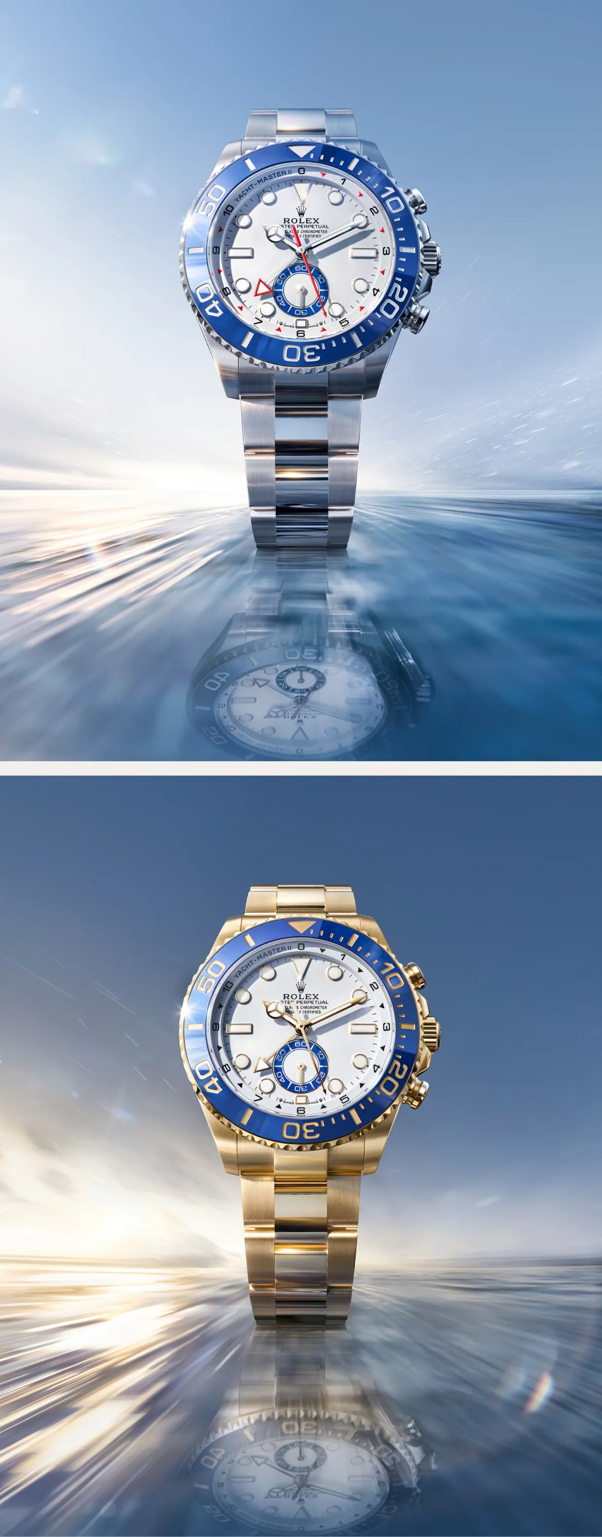 Two Rolex watches—silver stainless steel and gold—mounted against a blue sky with blue bezels, reflected in water below.