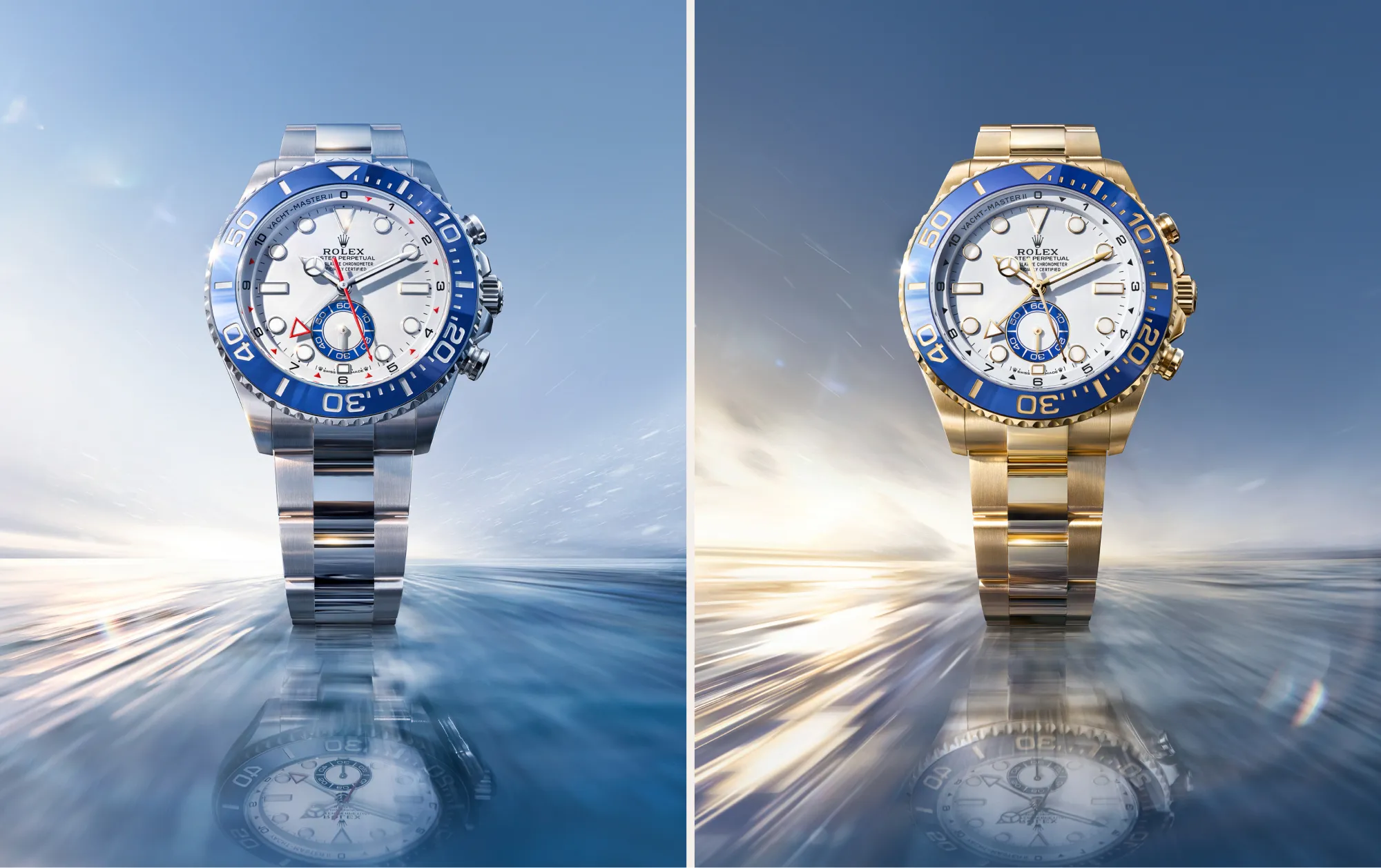 Two Rolex watches side by side: stainless steel on the left and gold on the right, with blue bezels and a blue sky/ocean backdrop.