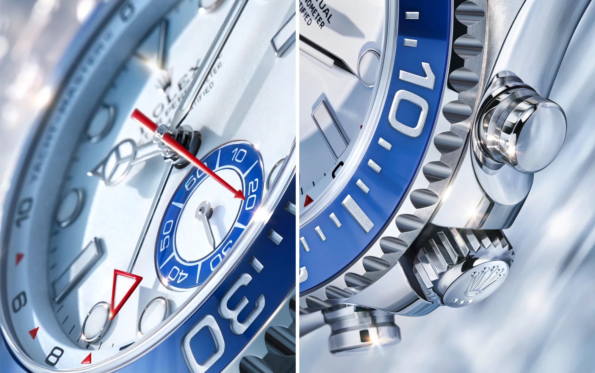 Split close-up of a luxury mechanical watch, showing a blue bezel, gears, and red-tipped hands in a polished metal case