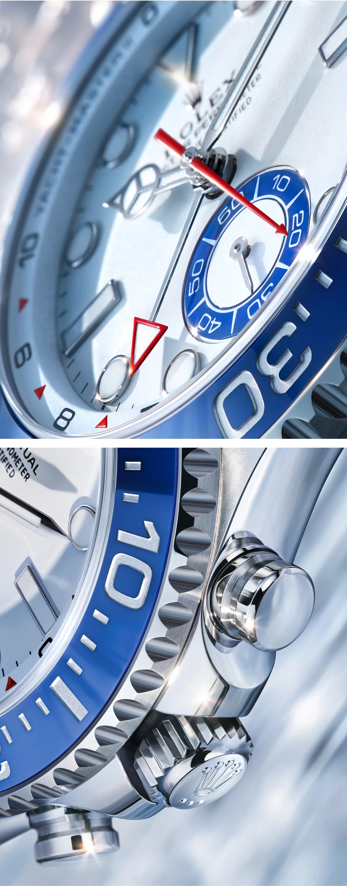 Close-up of a luxury Rolex watch dial with blue bezel, showing a red seconds hand and exposed gears.