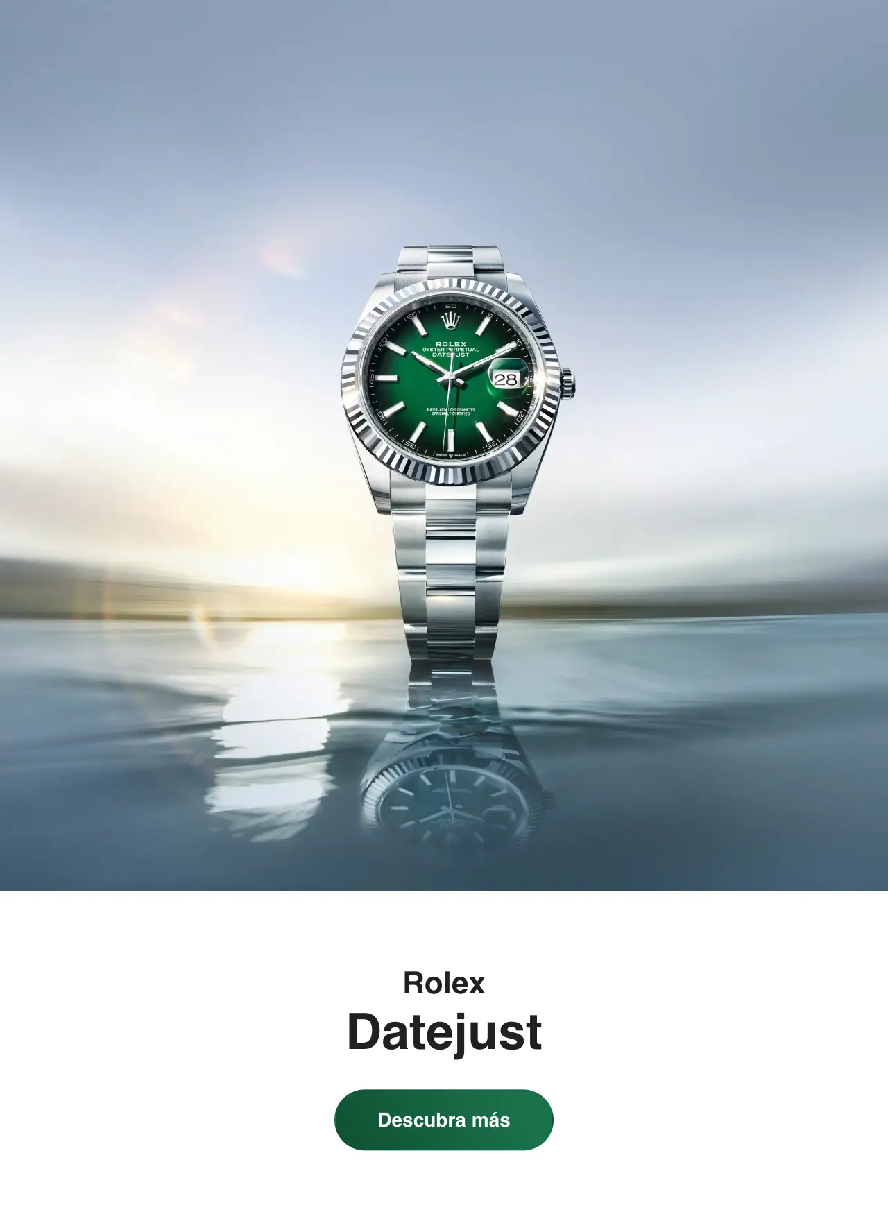 Rolex Datejust wristwatch with a green dial and silver bracelet, floating above calm water and reflecting below.
