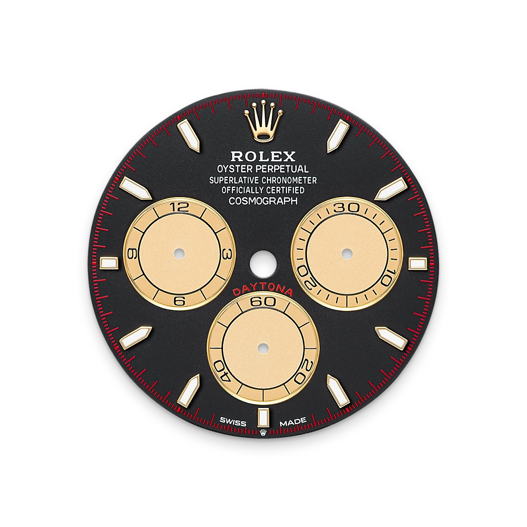 m126518ln-0004-dial-landscape | Brela Rolex Daytona watch dial with black face, gold subdials, red minute markers, and Swiss Made at bottom. | Brela