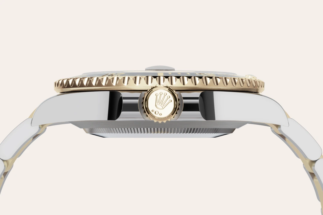 m126613ln-0002-material-landscape | Brela Close-up side view of a two-tone Rolex watch showing the gold crown, stainless steel case, and fluted bezel. | Brela